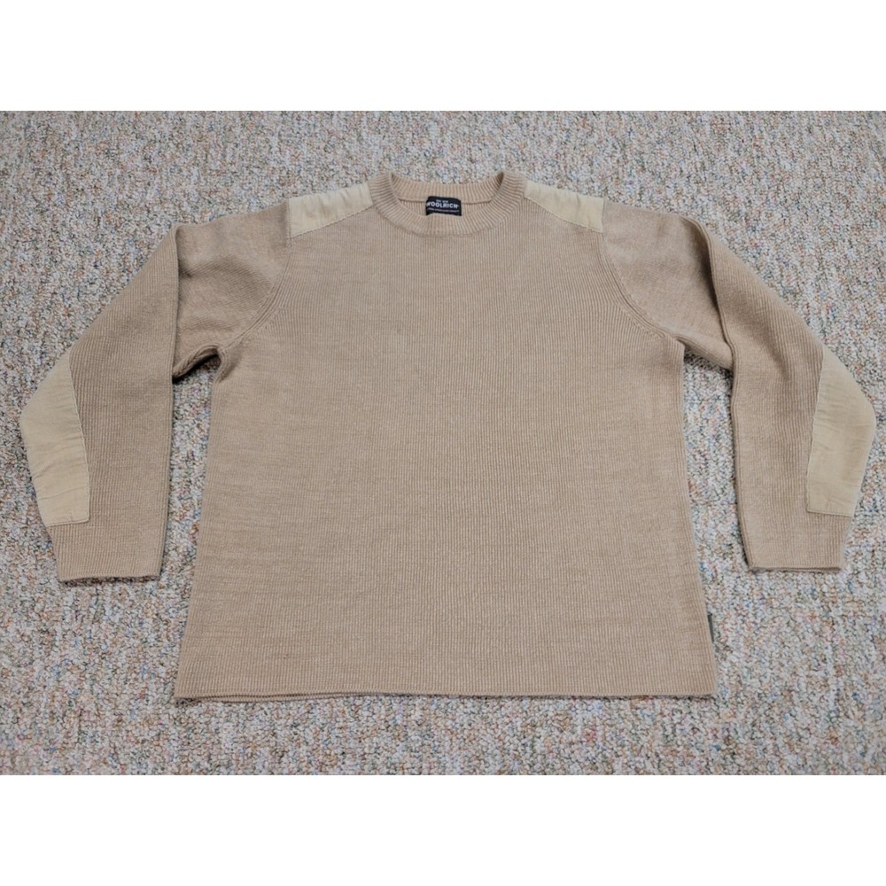 Woolrich Sweater Mens Medium Khaki Tan Ribbed Knit Patches 13011‎ Cotton Ramie